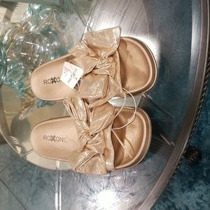 Gold shimmer big bow slippers